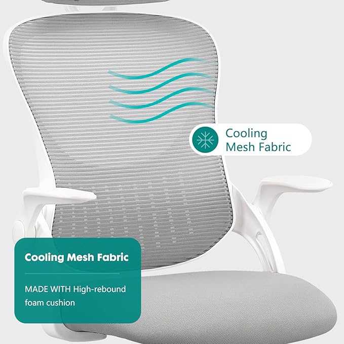 SMUG Office Chair Ergonomic Desk Lumbar Support, Computer Chairs Gaming Mesh with Wheels and Headrests, Flip-up Arm,Adjustable Position for Home, Work, Study, Grey