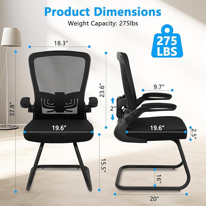 CLATINA Office Guest Chair no Wheels, Ergonomic Mesh Desk Chair Adjustable Lumbar Support and Flip Up Arms, Sled Base for Office Guest & Reception Chairs for Conference Room,Black (1PK)