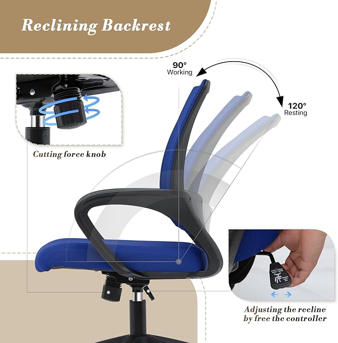 Athena Collection Computer Office Chair, Ergonomic Desk Chair with Rolling Wheels, Mesh Back Support and Height Adjustable, Small and Comfy for Home Office, Study, Blue