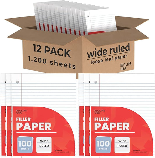 Notebook Paper, Loose Leaf, Wide Ruled, 10.5' x 8', 100 Sheets, 60 gsm (12 Pack)