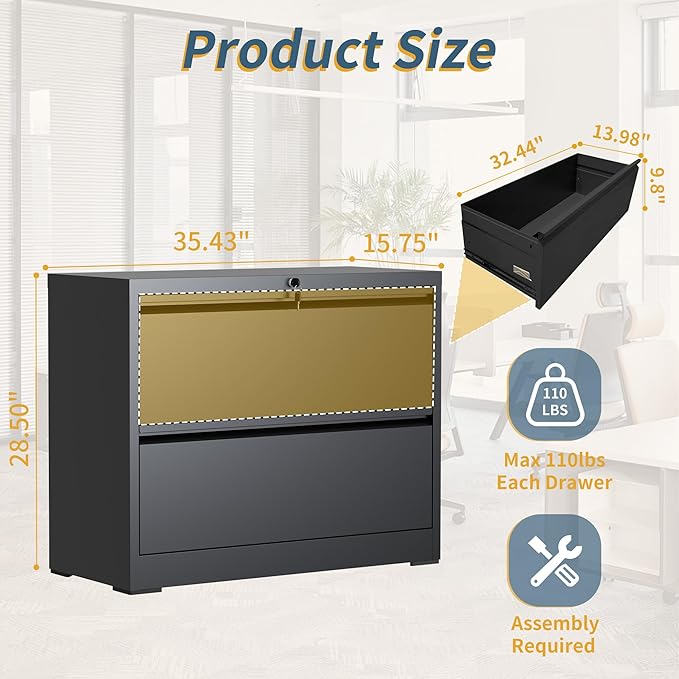 2 Drawer File Cabinet with Lock, Lateral Filing Cabinets,Metal Storage Filing Cabinets for Home Office, Heavy Duty File Cabinet for Letter/Legal/A4/F4 Size Amssebly Required, Black