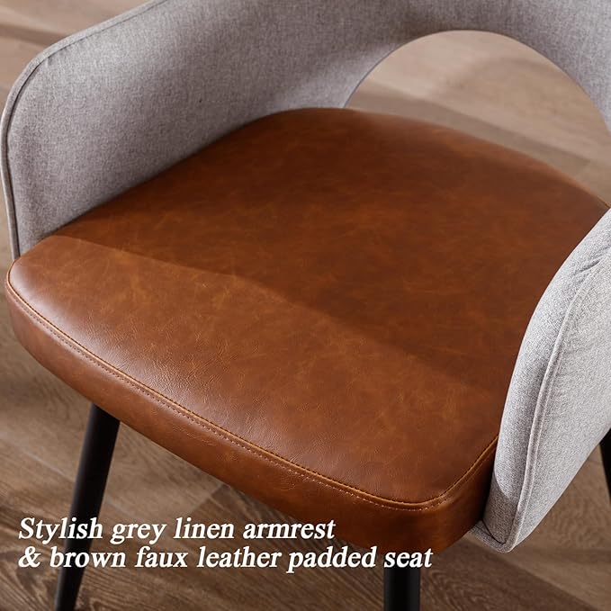 DUOMAY Modern Swivel Dining Chairs Set of 6, Linen & Faux Leather Upholstered Accent Side Chair, Home Office Desk Chair with No Wheels for Dining Room Living Room Office, Light Grey