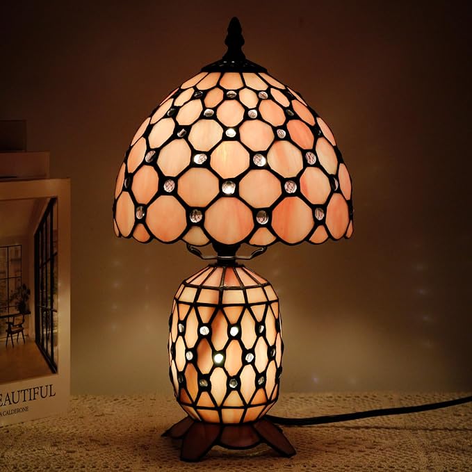 Small Tiffany Lamp Stained Glass Table Lamp Mini Mother Daughter Vase Desk Accent Night Light for Bedroom Bedside Reading Home Antique Style 8X14 Inches (Pink)