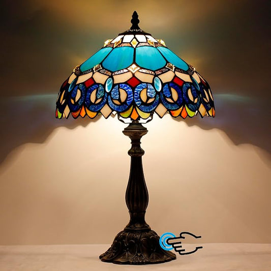 Tiffany Lamp Touch Control Table Lamp Blue Stained Glass Desk Lamp 12X12X19 Inches Jewelry Baroque Style Reading Light