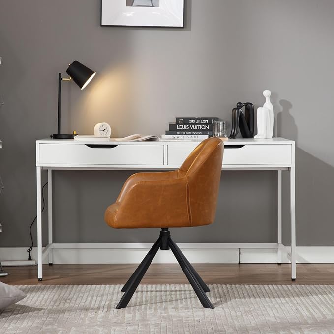 Brown Home Office Chair with Arms, Comfy Desk Chair No Wheels, Upholstered Leather Computer Chair, Swivel Accent Chair for Bedroom, Office, Small Spaces