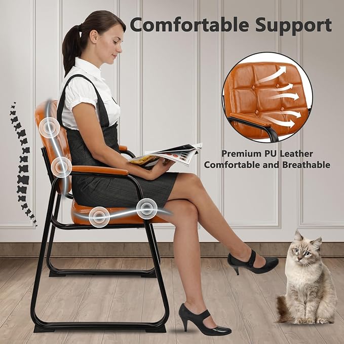 CLATINA Office Guest Chair, Leather Reception Chairs with Padded Arms, Desk Chair No Wheels Stationary for Conference Lobby Waiting Room Training Side Elderly, Set of 4-Orange