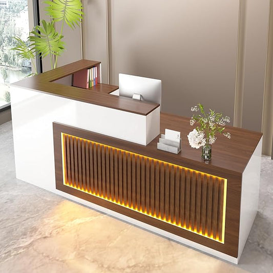 L-shaped Reception Desk, Solid Wood Reception Desk with Counter, Check out Stand with Lockable Drawer & Cabinet, Retail Checkout Counter for Office, Store, Beauty Salon (L-Shaped-Dark Walnut-R, 63in)