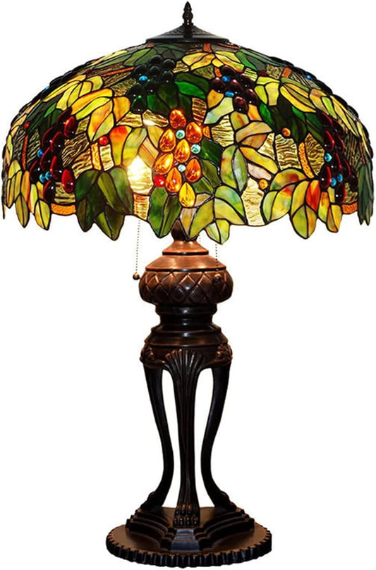 Tiffany Lamp Table Lamp Rose Dragonfly Tulip Wisteria Grape Peach Kapok Peony Apple Flower Design Stained Glass Lampshade Desk Lamp for Girl Living Room Iron Base W20 XH32,Grape