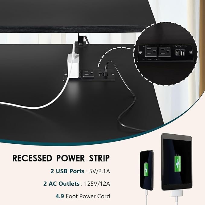 sogesfurniture 47 inch Computer Desk with LED Lights & Power Outlets, Folding Desk with Monitor Shelf, Wide Folding Table Writing Desk Foldable Home Office Desk, Black