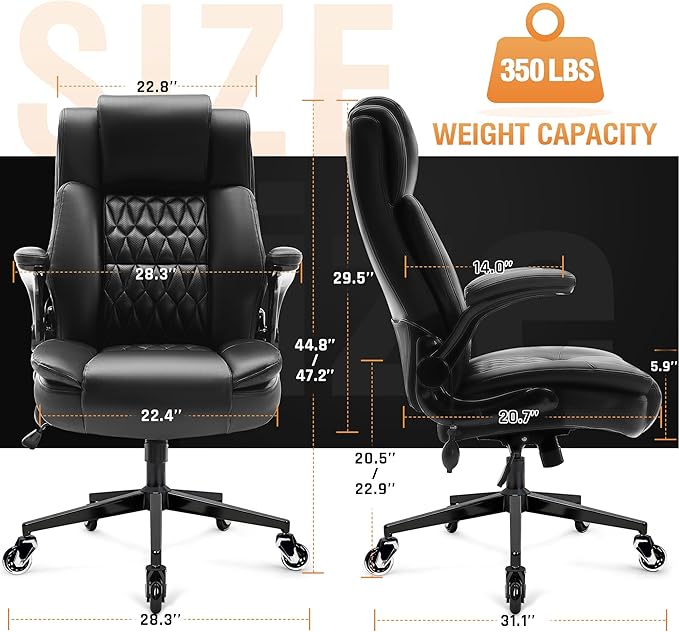 Large High Back Office Chair - Adjustable Lumbar Support, Flip Up Arms, Heavy Duty Metal Base, Breathable Bonded Leather, 2 Storage Bags, Black