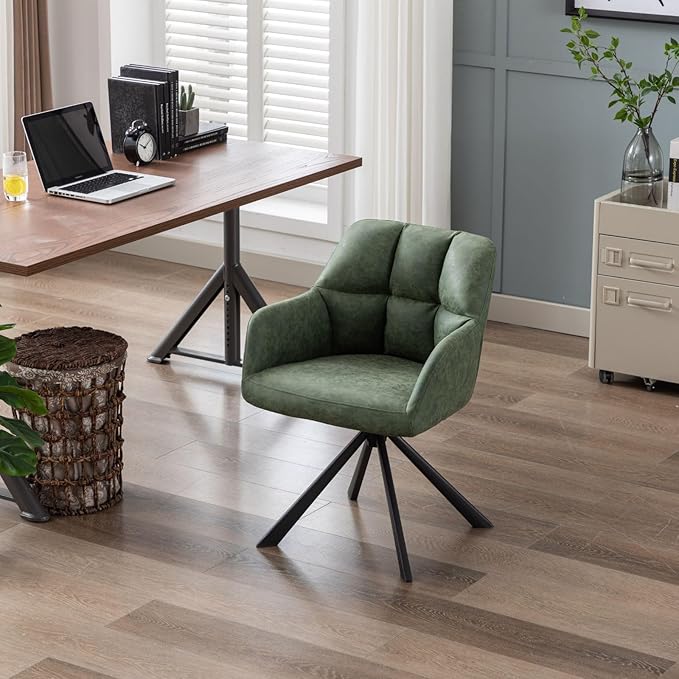 Home Office Chair with Arm, Comfy Desk Chair No Wheels, Upholstered Leather Computer Chair, Swivel Accent Chair for Bedroom, Office, Small Spaces, Green