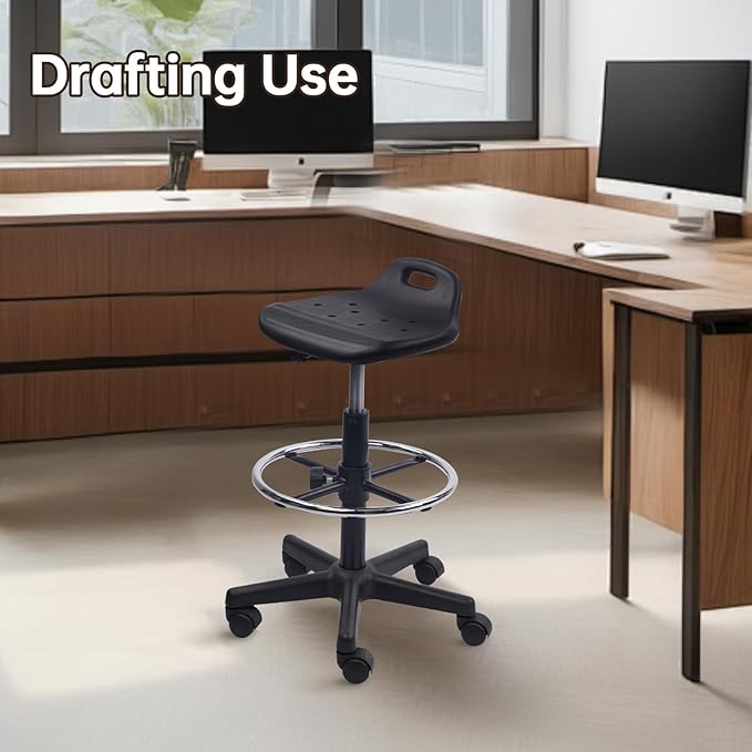 Adjustable Height Drafting Rolling Stool with Foot Rest Breathable Seat Cushion Swivel Chair, Multi-Purpose Work Stools for Nail Salon Office Bar Lab Counter Barber Kitchen Shop Black, 2PK
