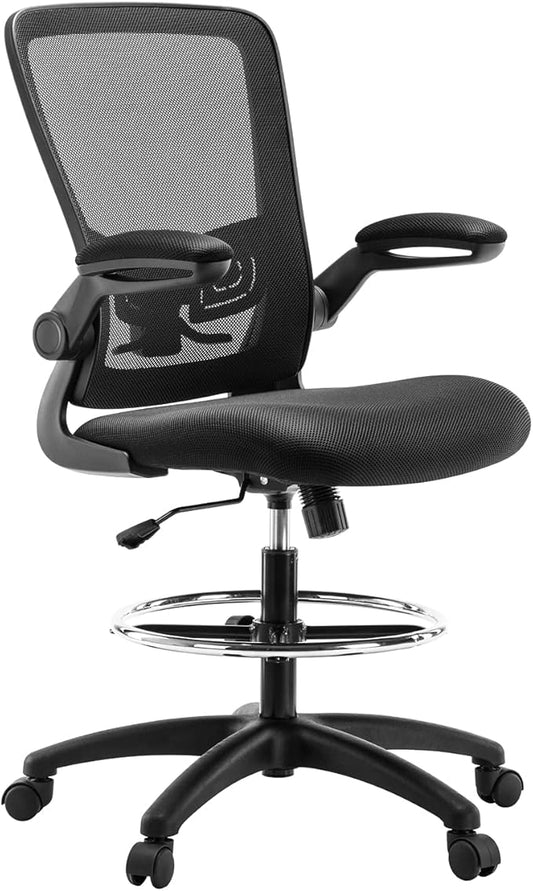 Serena Ergonomic Mesh Drafting Chair - Adjustable, Breathable Mesh, Lumbar Support, Ergonomic and Height Adjustable Flip-Top Office Chair with Foot Ring and Productivity - Black