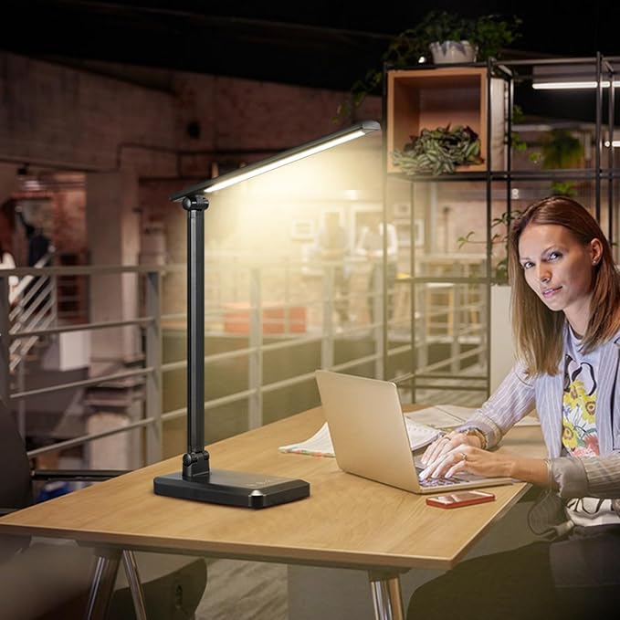 LED Desk Lamp with USB Charging Port Whole White for Home Office Essentials Table Lamp with Eye-Caring 4 Color Temperature Touch Control Stepless Dimming Desk Light for College Dorm