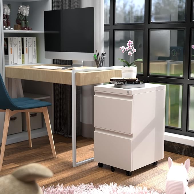 METAN 2 Drawer File Cabinet with Lock, Mobile Under Desk Filing Cabinet for Office Legal/Letter Size, Fully Assembled Except Wheels,White