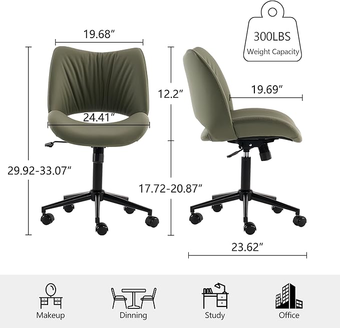 Rowill Armless Office Desk Chair, Ergonomic PU Leather Modern Task Chair with Back Adjustable Height, 360° Swivel Vanity Chairs with Wheels for Small Space, Home Office, Bedroom, Olive Green