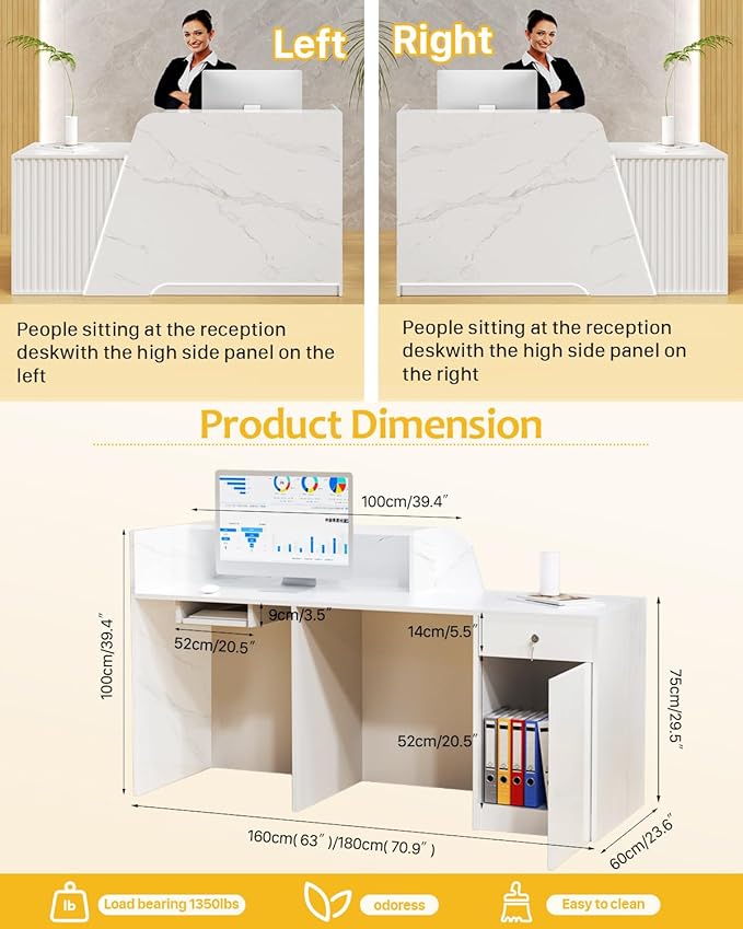 White Reception Desk, Solid Wood Reception Desk with Counter, Check Out Stand with Lockable Drawer & Cabinet, Retail Checkout Counter for Office, Store, Beauty Salon (White Grille-R, 71in)