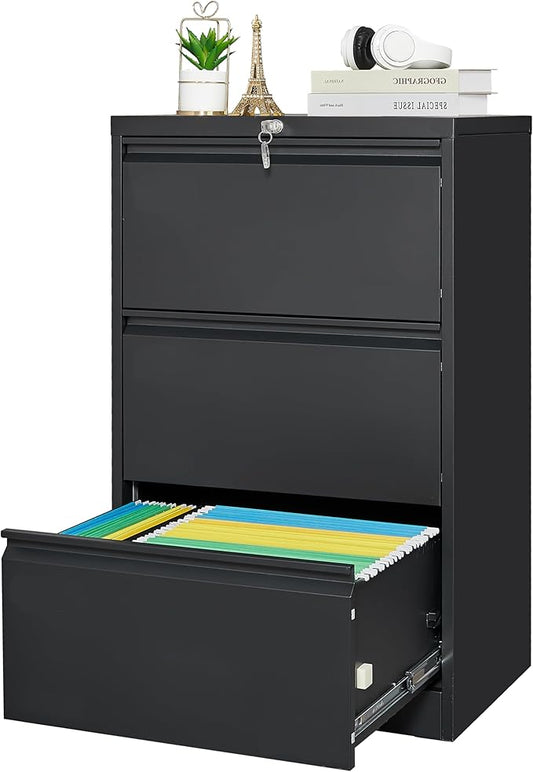 GarveeLife 3 Drawers Lateral File Cabinet with Lock, Metal Filing Cabinet with Card Holder, Steel Drawer File Cabinets Under Desk for Home Office Legal/Letter/f4/a4 Size Black