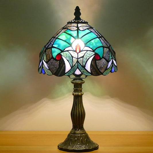 Small Tiffany Lamp Mini Stained Glass Table Lamp Bedside Accent Lamp Memory Sympathy 8X14.5 Inch (Green Liaison Style)