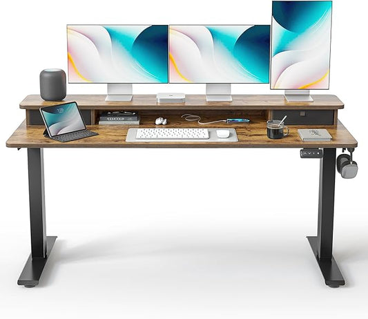 FEZIBO 60 x 24 Inch Height Adjustable Electric Standing Desk with Double Drawer,Computer Desk, Home Office Stand Up Table with 4 Height-Adjustable Feets & 2 Hooks, Rustic Brown