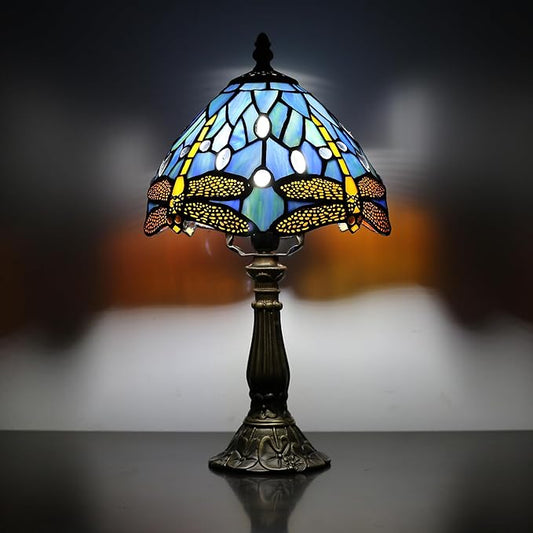 Tiffany Table lamp 8-inch Small Stained Glass lamp in a Vintage Dragonfly Pattern Style can be Used as a Decoration for The Living Room Bedside in The Bedroom or Desk