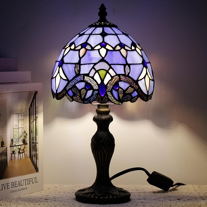 Small Tiffany Lamp Stained Glass Table Lamp Mini Desk Accent Light for Bedroom Bedside Reading Home Antique Style Decor 8X15 Inches (Blue Baroque)