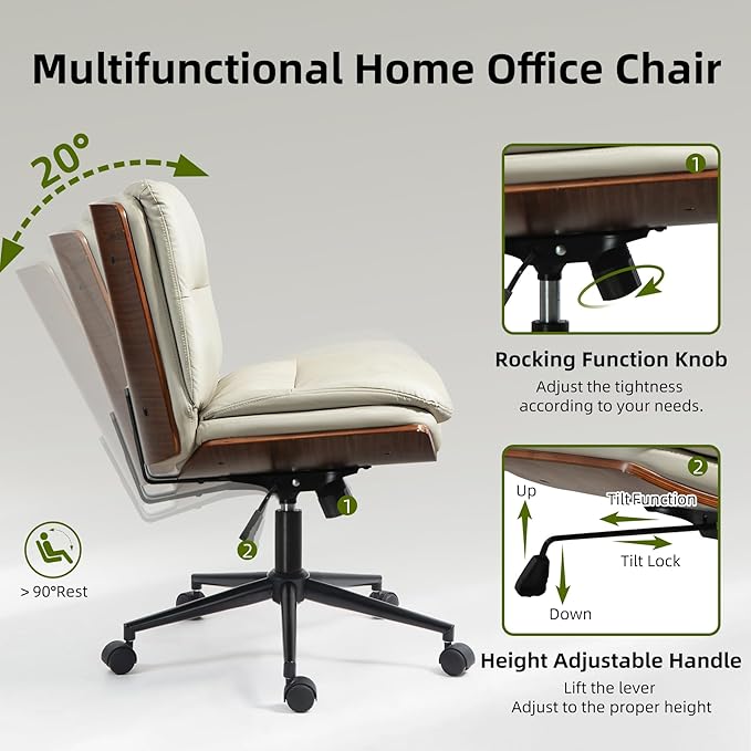 Office Chair, Criss Cross Legged Office Desk Chairs with Wheels, PU Leather Adjustable Swivel Walnut Task Chair with Wide Seat, Ergonomic Mid Back Computer Chair for Meeting Room, Home