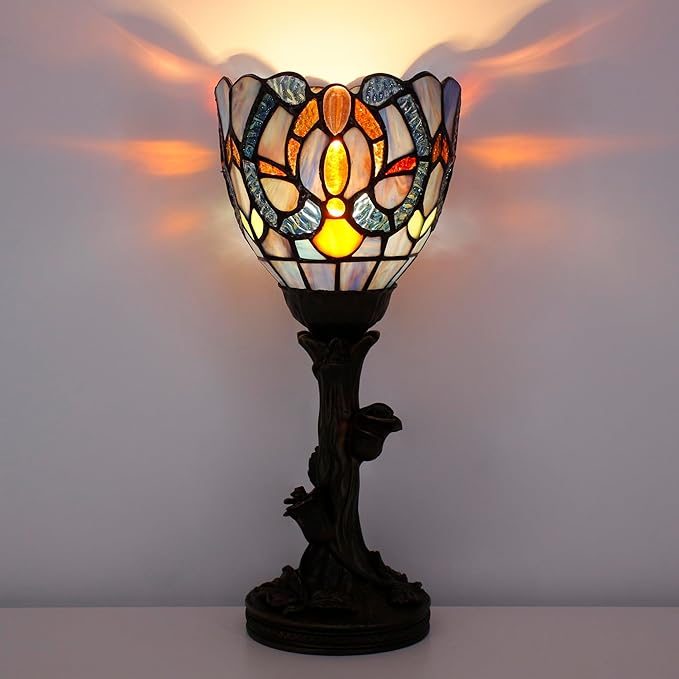 Small Tiffany Lamp Mini Stained Glass Table Lamp Blue Liaison Accent Desk Uplight W6 H13.5 Inch Bronze Resin Base