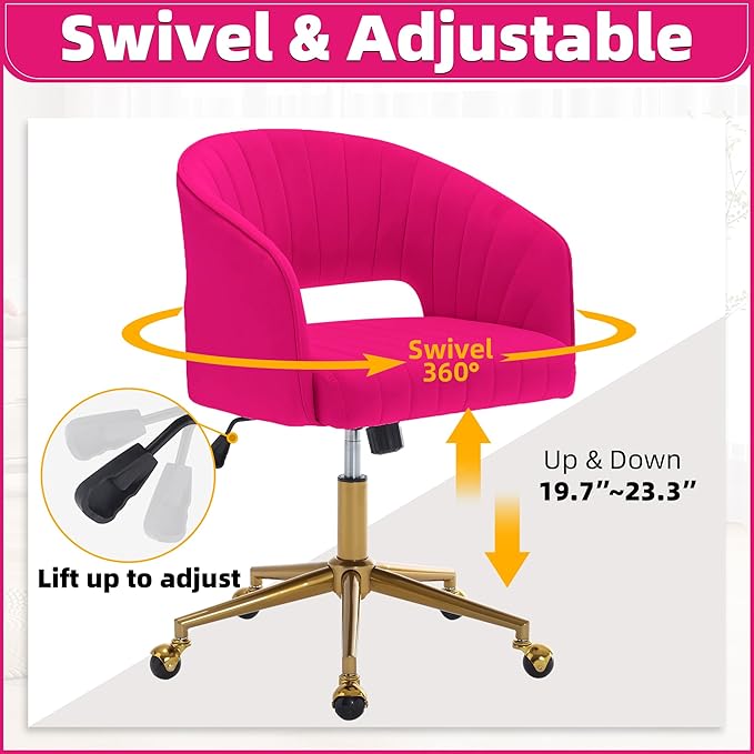 ABET Desk Chair with Wheels, Velvet Home Office Chair, Swivel Armchair Gold Base, Upholstered Modern Accent Chairs, Back Incline Adjustable for Living Room Bedroom Vanity, Hot Pink