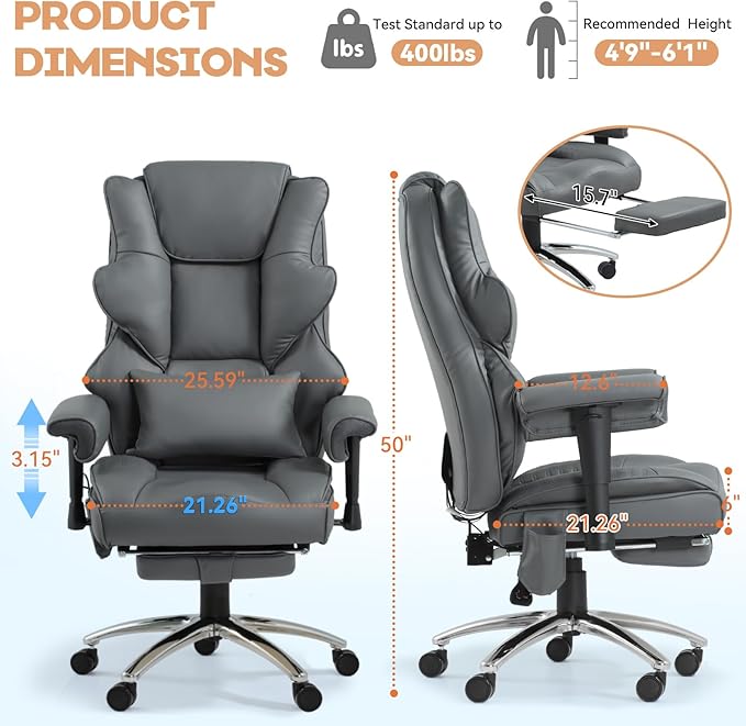 Massage Office Chair with Foot Rest, Ergonomic Executive Heated Office Chair with Reclining Backrest, Adjustable Arms and Lumbar Support, High Back Leather Desk Chairs for Home Office, Grey