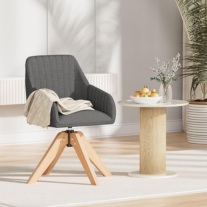 Furniliving Mid Century Modern Accent Chair Set of 2, 36.8 Inch Upholstered Swivel Chair for Living Room with Arms Home Office Desk Chair for Bedroom Wood Legs Computer Task Chair No Wheels, Darkgrey
