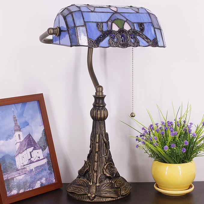 Tiffany Banker Lamp Small Stained Glass Table Lamp Tiffany Style Piano Light Blue Baroque Style Desk Lamp Angle Adjustable 10.6X15.7 Inch for Home Office Living Room Bedroom