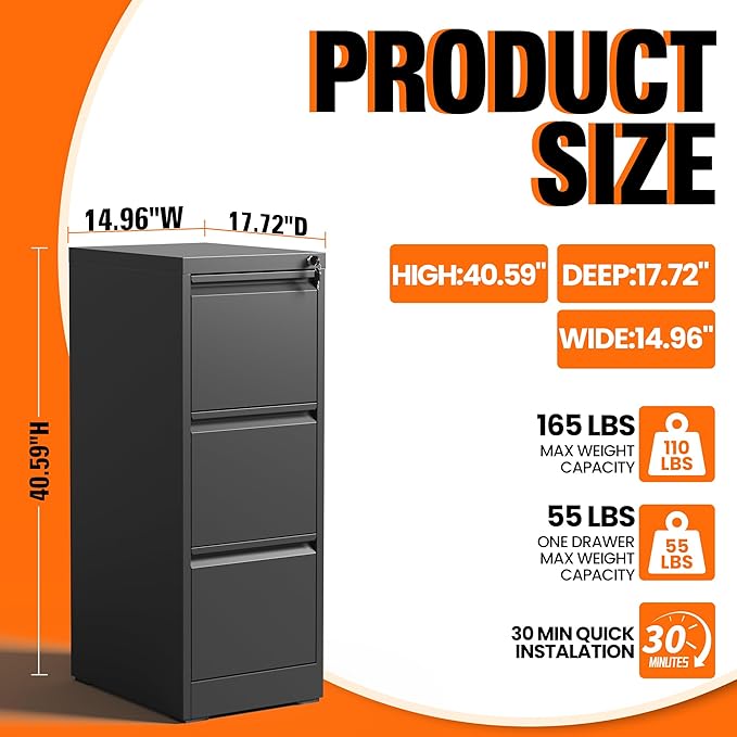 3-Drawer Locking Vertical File Cabinet, Metal Storage Cabinet for Office/Home – Secure Vertical Filing for Letter/Legal/A4/F4 Documents, Easy to Assemble Steel Cabinet, Black (Black, 3 Drawer-40"H)