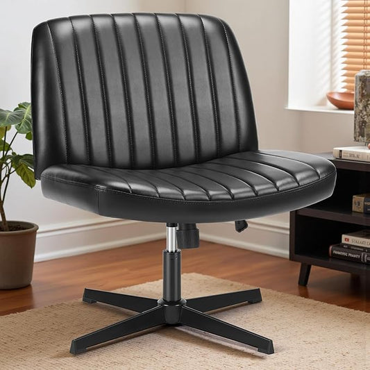 DUMOS Desk Chair No Wheels, Criss Cross Chair Wide Cross Legged Office Desk Vanity Chair, PU Leather Armless Adjustable Swivel Chairs for Home Computer Task Black