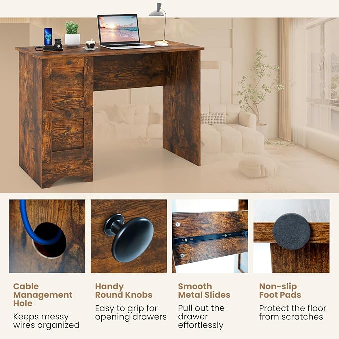 Tangkula Computer Desk with Drawers & Charging Station, Wooden Home Office Desk PC Laptop Notebook Desk, Compact Study Desk Writing Desk, Computer Workstation Ideal for Home & Office (Rustic Brown)