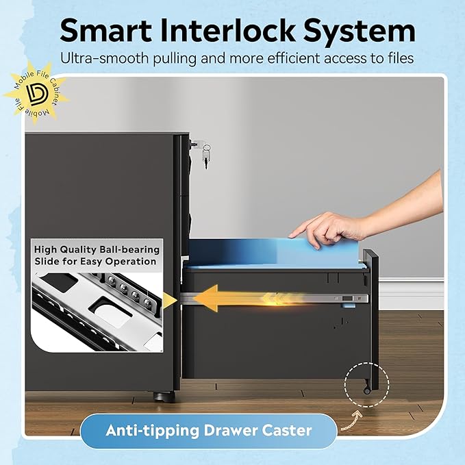 DEVAISE 3-Drawer File Cabinet, Black Locking Filing Cabinet on Wheels, Fully Assembled Mobile File Cabinet for Office Home, 17.7" D x 11.8" W x 22.8" H