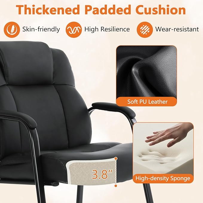 CLATINA Big Tall 500 LBS Wide Guest Chair Heavy Duty, Leather Side Reception Chairs with Sled Base and Armrest, Executive Office Desk Chair No Wheels for Meeting Conference Waiting Room Home, Black