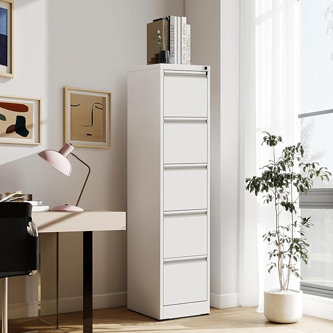 5-Drawer Locking Vertical File Cabinet, Metal Storage Cabinet for Office/Home – Secure Vertical Filing for Letter/Legal/A4/F4 Documents, Easy to Assemble Steel Cabinet (White, 5 Drawer-64 H)