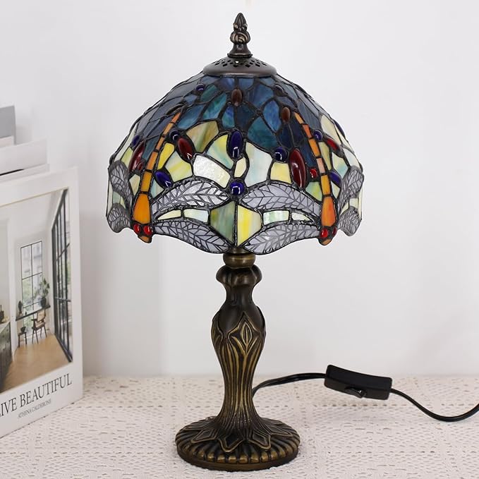 Small Tiffany Lamp Stained Glass Table Lamp Mini Desk Accent Light for Bedroom Bedside Reading Home Antique Style Decor 8X15 Inches (Blue Yellow)