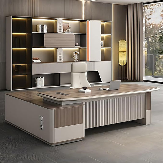 Modern Executive Desk - Solid Wood Office Desk with Hidden Electrical Hole ＆ 2 Drawers, L Shaped Office Table with Desktop Power Supply (70.8IN)