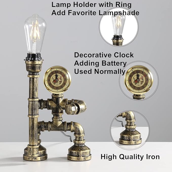 Water Pipe Table Lamp Robot Style- Retro Industrial Table Light- Antique Steampunk Metal Desk Lamp Bedside Lighting Fixture for Office, Reading Kids Room, Cafe Bar (Bronze-Style E)