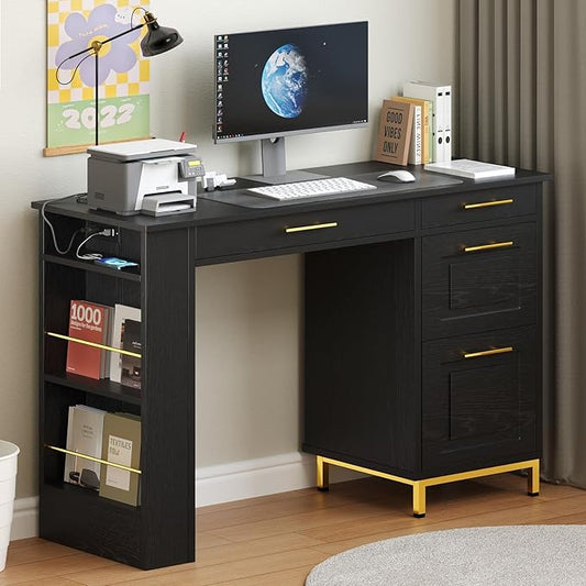4 EVER WINNER Black Desk with Drawers and Power Outlet, 48 Inch Home Office Desk with Golden Handle, Computer Desk with Storage Shelves for Small Space, Black