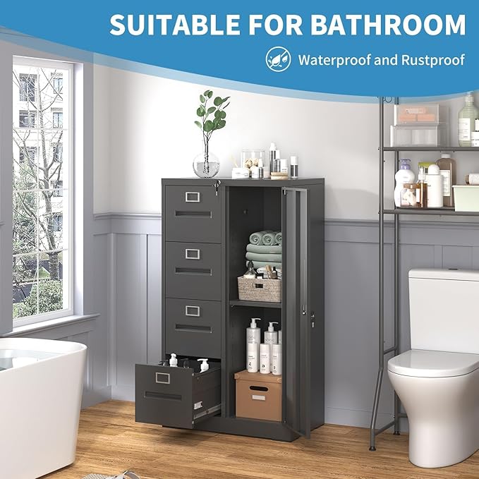 4 Drawer Metal File Cabinet with Lock and 1 Door, Steel Vertical Filing Cabinets for Home Office, Metal Storage Cabinet for Hanging Legal/Letter Size Files, Assembly Required (Black)