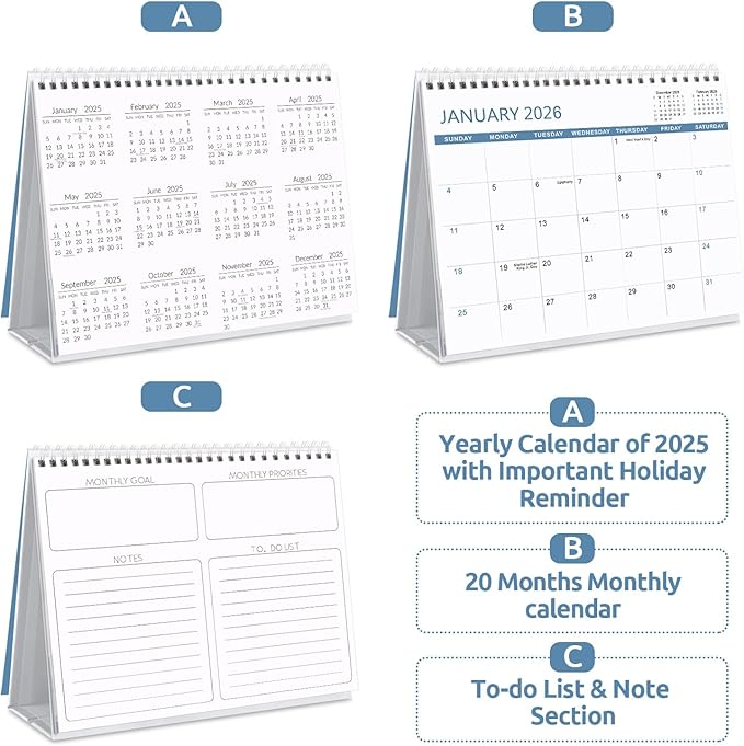 SKYDUE Desk Calendar 2025-2026, Jul 2025 to Dec 2026, 18 Months Small Desk Calendar with Planner Stickers, 10" x 8" Desktop Calendar Planner Standing Flip, Blue