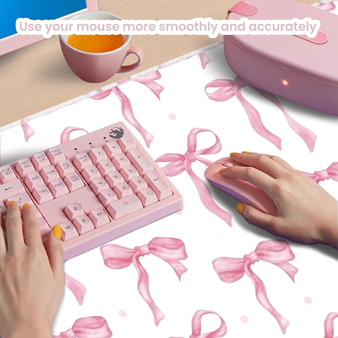 Large Mouse Pad, Pink Bow Desk Mat Gaming Mouse Pad 31.5 x 11.8in for Laptop Computer PC, Non-Slip Rubber Base Cute Bows Mousepad Office Accessories Desktop Decor Bow Coquette Mat for Girls