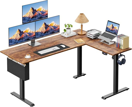 L Shaped Electric Standing Desk,63 Inch Adjustable Height Sit to Stand Corner Desk with Memory Presets,Reversible Computer Table for Home Office,Work and Study,Rustic Brown