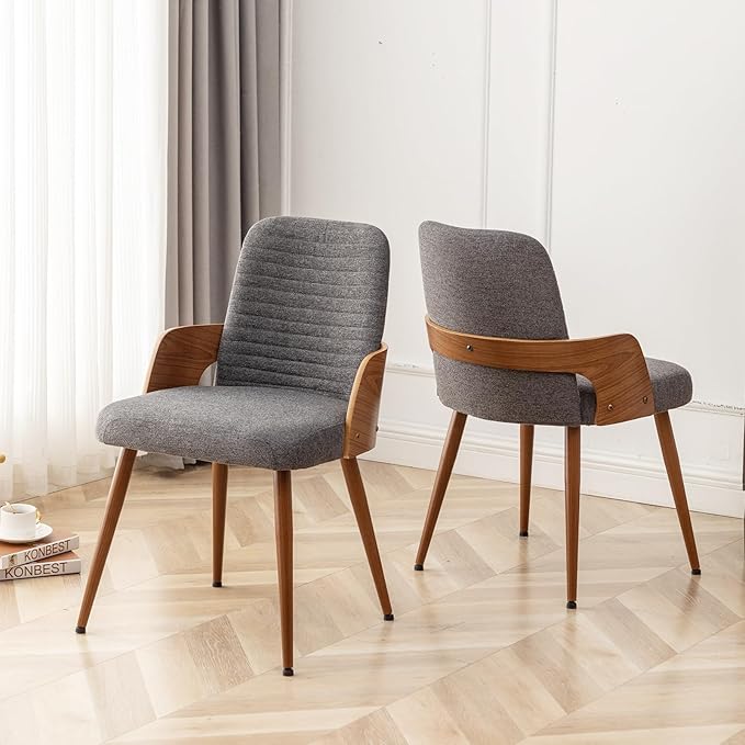 Dining Room Chairs Set of 4,Mid Century Modern Kitchen Chairs,Upholstered Accent Chairs,Metal Legs Wooden Desk Chairs,Armless and No Wheels for Kitchen Dining Living Room,Gray Fabric