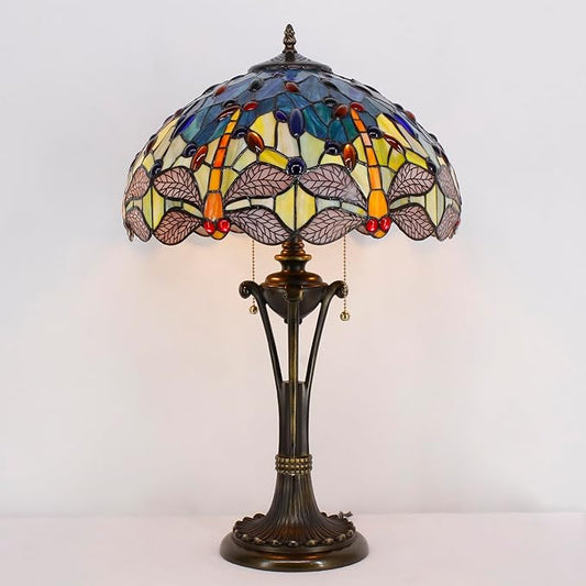 Tiffany Table Lamp Blue Yellow Stained Glass Desk Lamp 16X16X24 Inches Dragonfly Style Reading Light