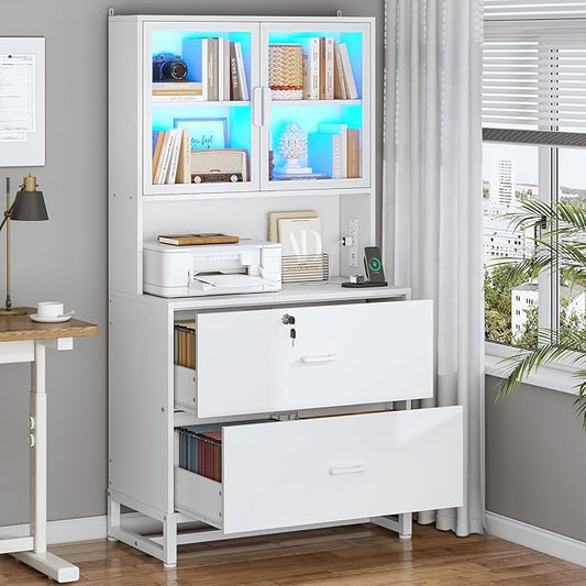 SEDETA 2 Drawer File Cabinet with Lock, Charging Station and Bookshelf, Filing Cabinet Fits Letter, Legal, A4 Size, Wood File Cabinets for Home Office, Printer Stand with Storage Shelf, White