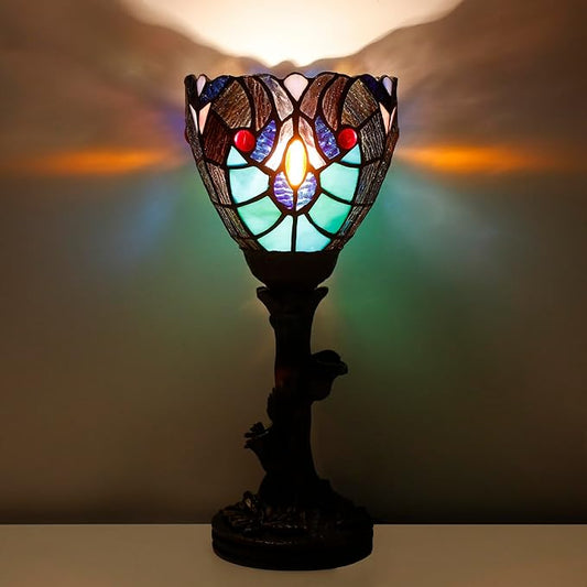 Small Tiffany Lamp Mini Stained Glass Table Lamp Green Liaison Accent Desk Uplight W6 H13.5 Inch Bronze Resin Base